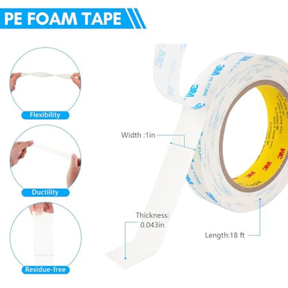 3M 1600T Double Sided Tape, 1 in x 18 ft White PE Foam Tape - size: 1.0" x 18Ft