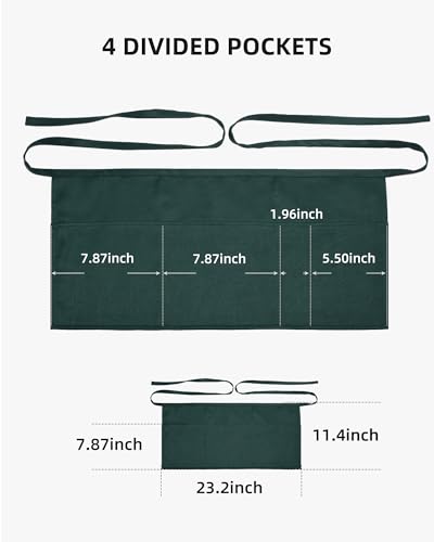Argstar 2 Pack Server Apron with 4 Pockets, Waitress Waiter Waist WaterDrop Resistant Short Aprons - color: Green