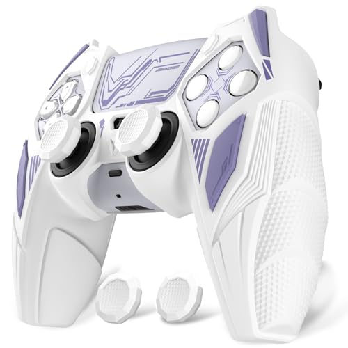 PlayVital Silicone Skin Set for PS5 Controller - Mecha Rhino Design, Anti-Slip Grip Cover Protector Compatible with Charging Dock, with Thumb Grips & Touchpad Sticker - White & Light Violet - color: White & Light Violet