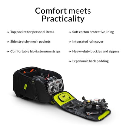 TORVOL - Quad PITSTOP Backpack V2, Compact FPV Drone Backpack for 2 Drones, Fits DJI Mini 3, Mini 4 Pro, DJI Neo, with Laptop Compartment, Waterproof Rain Cover, Black & Green, 25L