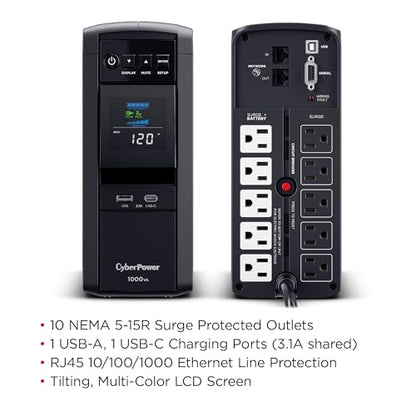 CyberPower CP1000PFCLCD PFC Sinewave UPS Battery Backup and Surge Protector - size: 1000VA, style: Mini-Tower