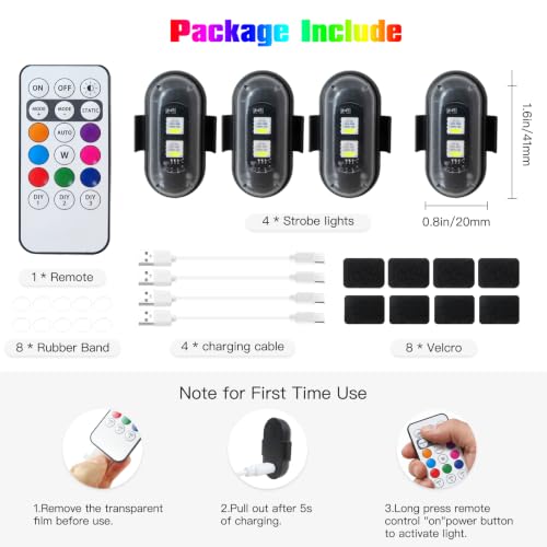 LED Lights with Wireless Remote Control, 8 Colors & 10 Modes, for Car Motorcycle Drone Aircraft Bike