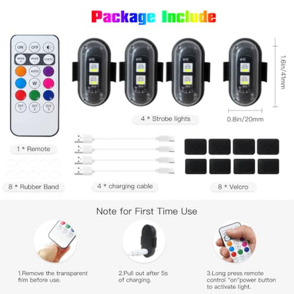 LED Lights with Wireless Remote Control, 8 Colors & 10 Modes, for Car Motorcycle Drone Aircraft Bike