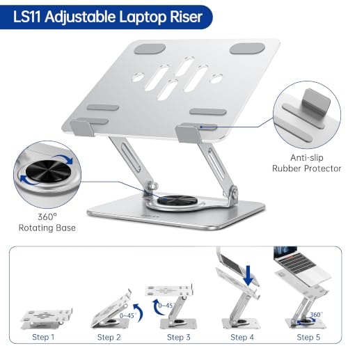 BESIGN Laptop Stand with 360° Rotating Base, Ergonomic Adjustable Notebook Riser, Foldable Computer Holder Compatible with 10-14" Laptops, LS11 Silver - color: G-Silver/Black-360°
