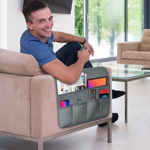 Remote Control Holder for Armchair Caddy, Remote Holder with 5 Pockets - color: Gray, size: 35"x18"