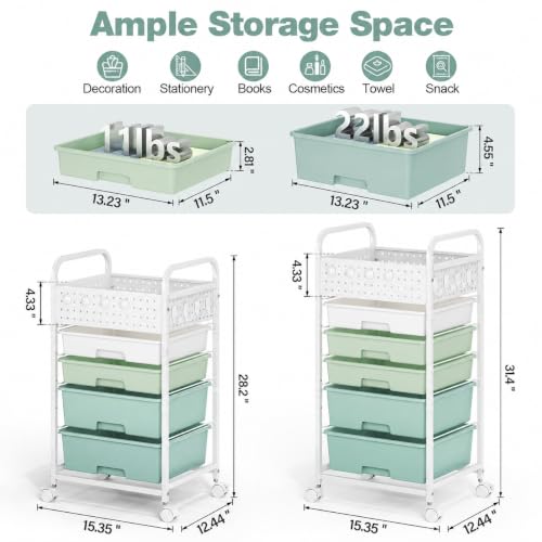 5 Drawer Rolling Storage Cart with Pegboard Top and Hooks, Gradient Green - color: Gradient Green, size: 5-Drawers