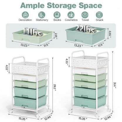 5 Drawer Rolling Storage Cart with Pegboard Top and Hooks, Gradient Green - color: Gradient Green, size: 5-Drawers