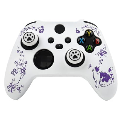 Cat Among Blossoming Branches Skin Compatible with Xbox Series X Wireless Controller, RALAN Protector Case， Customised Thumb Grips Cap - color: Cat White Purple