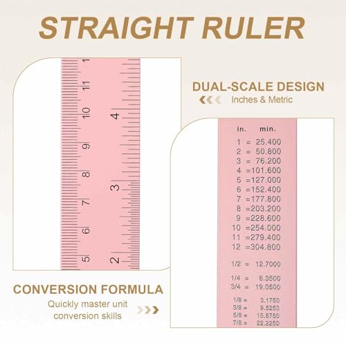 HARFINGTON 2pcs Metal Straight Ruler 30cm Metric & SAE Aluminum Alloy Measuring Rulers Scale Tool with Hole for Measure Study Reading Classroom Office, Pink - color: Pink, size: 30cm