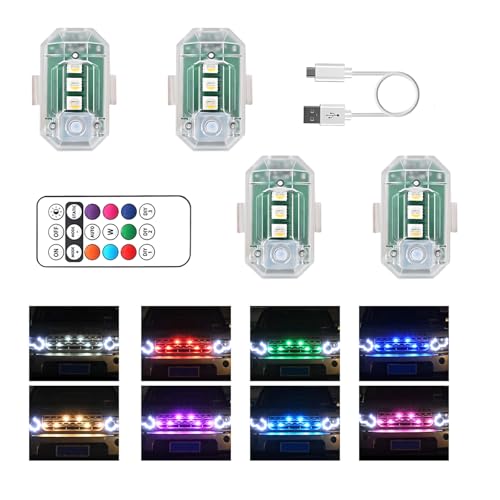 4PCS Wireless LED Strobe Lights with Remote Control, 8 Colors USB Rechargeable Anti-Collision Flashing Light, High Brightness Emergency Warning Light for Car Drone Motorcycle