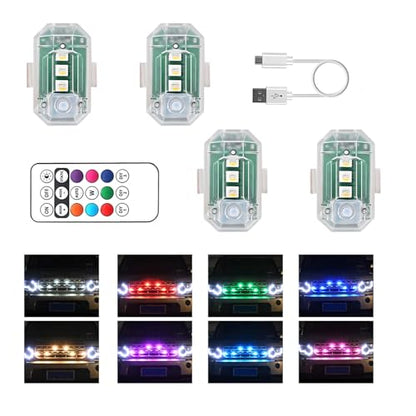 4PCS Wireless LED Strobe Lights with Remote Control, 8 Colors USB Rechargeable Anti-Collision Flashing Light, High Brightness Emergency Warning Light for Car Drone Motorcycle