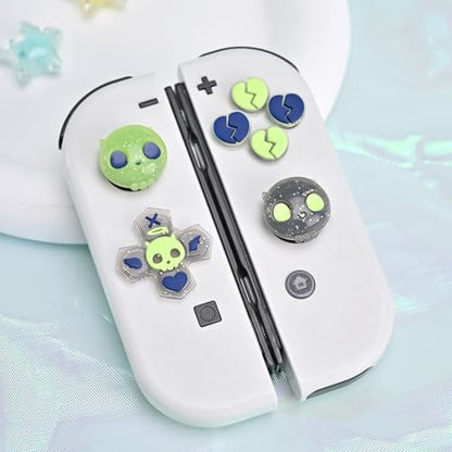 GeekShare Silicone Cross D-Pad Button Caps Set Joystick Cover - Cute ABXY Key Buttons Sticker Compatible with Switch/OLED Joy Con - Black & Green Skull - size: Switch / OLED Green