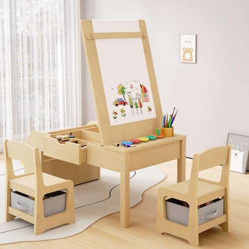 5-in-1 Kids Art Table and Chairs, Toddler Table and Chair Set, Craft Play Desk for Kids, Convertible Art Easel with Paper Roll Holder & Storage Drawers, Children Activity Learning Center - Nature Wood - color: Natural Wood