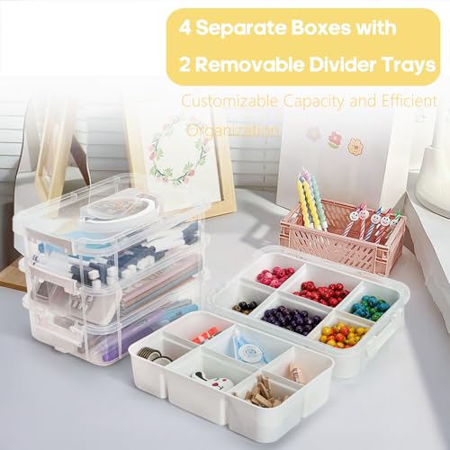 Foraineam 4-Tier Clear Storage Bins With 2 Divided Trays, Stackable Carry Storage Box Container, Plastic Lidded Organizer Case With Handle for Beads, Tools, Arts & Crafts, Sewing, Office Supplies