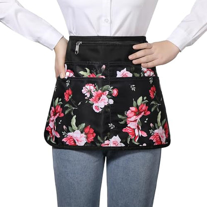 Waterproof Server Apron for Women with 6 Pockets,Quickly Put on and Take off Waitress Apron,Work Apron for Bartender Barista - color: Peony