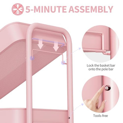 TOOLF 4 Tier Rolling Cart, Metal Utility Storage Cart with Pegboard, Pink - color: Pink, size: 4-Tier