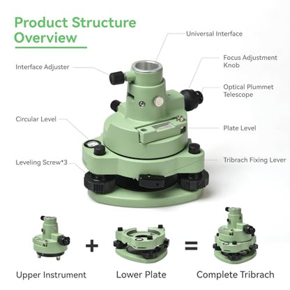 Surveying Tribrach and Adapter, Green Three-Jaw RTK Base with Optical Plummet, 5/8″ Thread for GNSS GPS RTK & Total Station Prism Optical Targeting Base