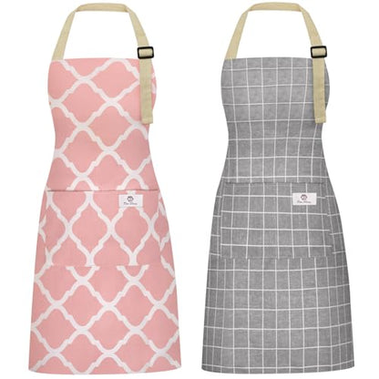 2 Pieces Aprons for Women with Pockets, Cotton Linen Waterproof Kitchen Cooking Aprons, Chef Apronfor Men Women with Adjustable Neck Strap and Long Ties(Pink/Grey) - color: Pink/Grey