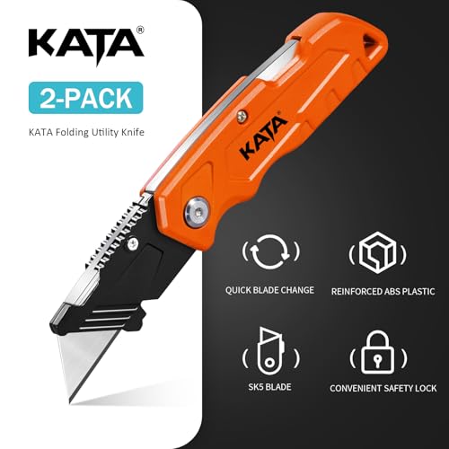 KATA Folding Box Cutter, 2 PC Pocket Utility Knife with 10 SK5 Razor Blades - color: Orange/Blue
