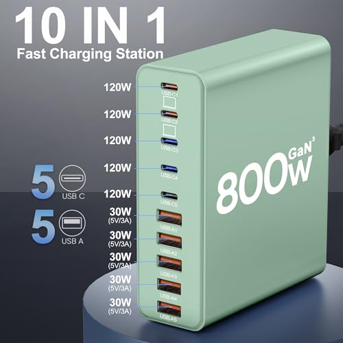 800W USB C Charger Block,10-Port Charging Station - color: Green