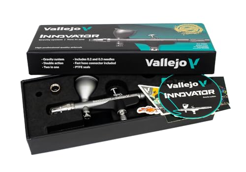 Vallejo - Airbrush Innovator, Profesional Dual-Action Gravity-Feed System with 0.2 & 0.3mm Nozzles and 0.3 fl.oz. Cup Included, Adjustable Needle-Travel Regulation, Ultra-Light Alloy Construction