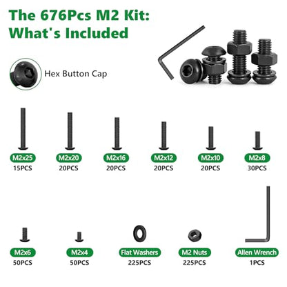 676PCS M2 Screw Assortment Kit, 10.9 Alloy Steel Hex Button Cap Bolts - size: M2 676pcs 2