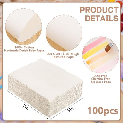 100 Sheets Watercolor Paper 5 x 7 in, 300 GSM Deckled Edge Handmade Paper - size: 5 x 7inch
