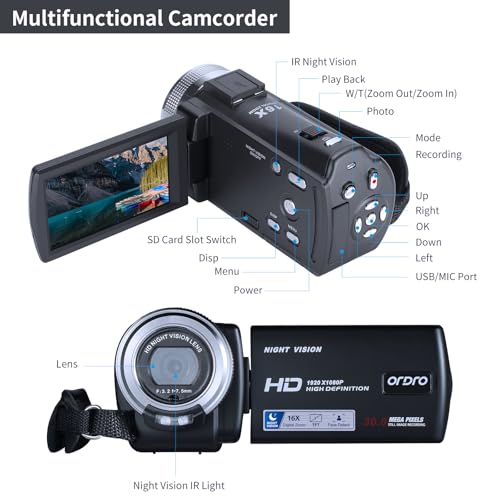 ORDRO V12 1080P Camcorder Night Vision with 16G Card 2 Batteries