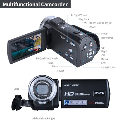 ORDRO V12 1080P Camcorder Night Vision with 16G Card 2 Batteries