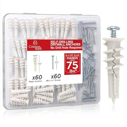 CrimsonMark #8 Self Drilling Drywall Anchors and Screws Assortment Kit(120)