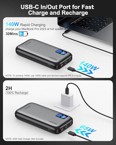AsperX Laptop Power Bank, 25,000mAh 140W PD 3.1 Fast Charging USB C - color: Deep Grey