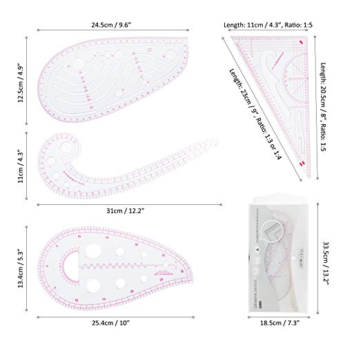 Fashion Clear Metric Sewing Ruler Set, French Curve Pattern Making Ruler Kit for Beginners Tailors Designers (4-Piece Set)