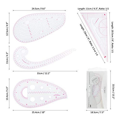 Fashion Clear Metric Sewing Ruler Set, French Curve Pattern Making Ruler Kit for Beginners Tailors Designers (4-Piece Set)