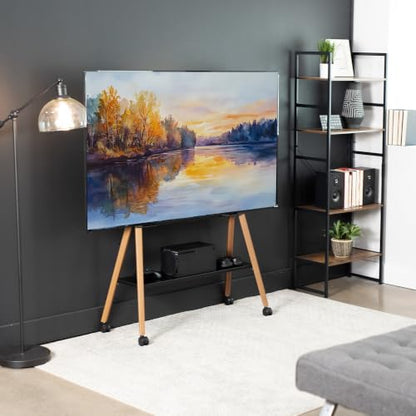 VIVO Rolling Artistic 43 to 75 inch LED LCD Screen Mobile Studio TV Easel Stand, Wood Accessory Shelf, Adjustable TV Mount with 4 Walnut Legs, Black Frame, STAND-TV75R - color: Walnut