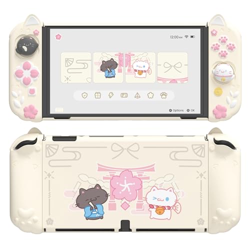 PlayVital Protective Case for Nintendo Switch OLED with Extra Stand - Cherry Blossoms Kitten Dockable Hard Shell Cover + Silicone Grips for Switch OLED with Thumb Grips, Shockproof - Antique Yellow - color: NSO Antique Yellow