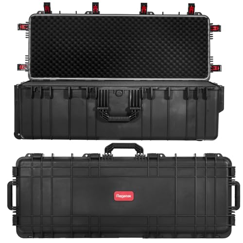 Regetek Waterproof Rolling Case 44 x 17.5 x 13.5 Inch, with Foam/Wheels/ 3 Large Handles for Camera, Tool, Equipment, Crushproof, Lockable, Transport Roller Hard Case, Inner 40.4" x 13.9" x 10.8"