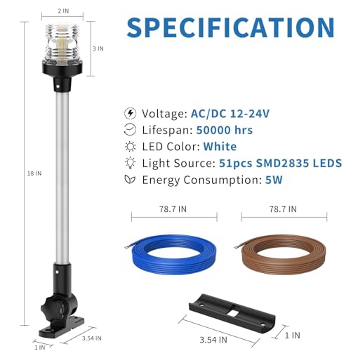 Obcursco Boat Stern Light, Bimini Top LED Anchor Light, Boat Accessories - size: 18''Vertical Swing