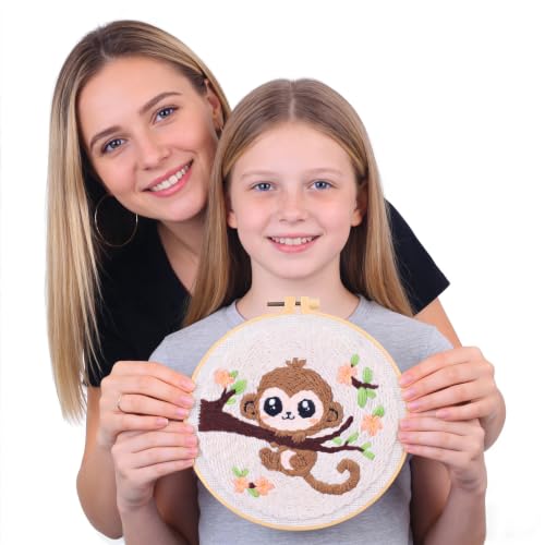 Myfelicity Punch Needle Embroidery Kit, Beginner Craft Set with Animal Pattern Design, 7.9 Inch Hoop (Monkey) - color: monkey
