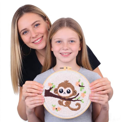 Myfelicity Punch Needle Embroidery Kit, Beginner Craft Set with Animal Pattern Design, 7.9 Inch Hoop (Monkey) - color: monkey