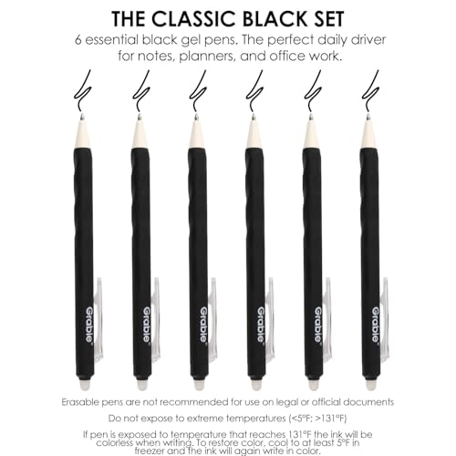 Grabie Erasable Gel Pens, 6 Black 0.7 mm Medium Point Pens - color: Black
