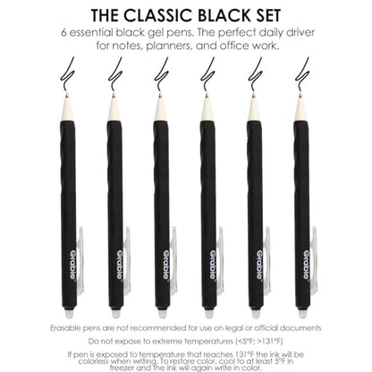 Grabie Erasable Gel Pens, 6 Black 0.7 mm Medium Point Pens - color: Black