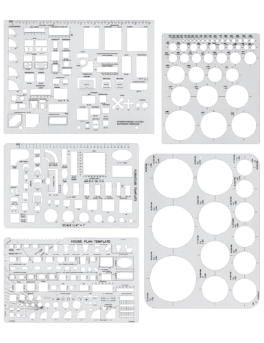 5 Pcs Architectural Templates: Circle, House Plan, Interior Design & Furniture Templates, Drafting Tools & Ruler Shapes for Architecture