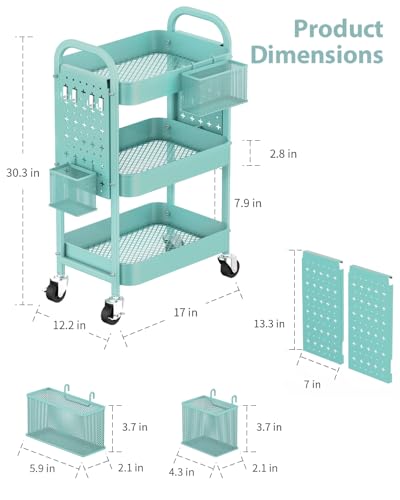 ALVOROG 3 Tier Metal Rolling Utility Cart with Pegboards,Baskets,Hooks,Blue - color: Tiffany Blue