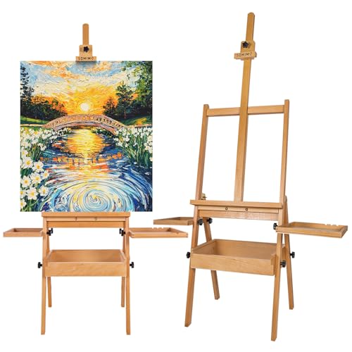Wooden H-Frame Studio Easel with Storage Drawer and Palettes,Natural - style: Side Trays Natural
