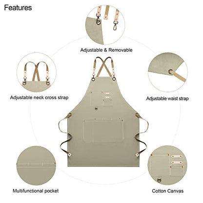 Dulabi Apron, Adjustable Chef Apron for Women and Men with Large Pockets, Cooking Kitchen Apron with Back Straps - color: Khaki