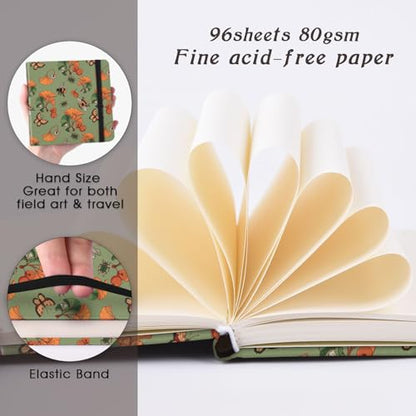 Handy Size 5 x 5 inches Sketch Book, 80GSM Acid Free Artistic Drawing Painting Writing Paper, Hardcover Cloth Cover Art Sketchbook,Journal Notebook.Green Ginkgo Bee - color: 80gsm-green ginkgo bee