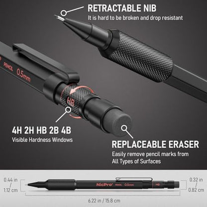 Nicpro 6 PCS Metal Mechanical Pencil Set, Art Drawing Pencil 0.5-2.0MM