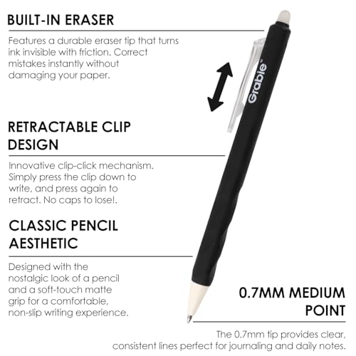Grabie Erasable Gel Pens, 6 Black 0.7 mm Medium Point Pens - color: Black