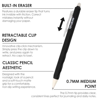 Grabie Erasable Gel Pens, 6 Black 0.7 mm Medium Point Pens - color: Black