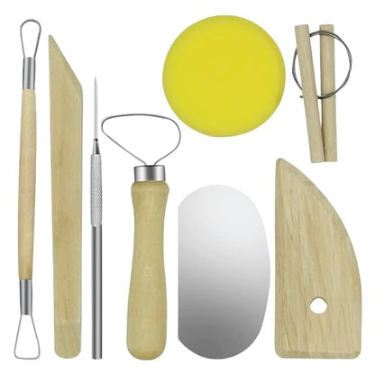 Evwoge 8-Piece Pottery Tool Set, Wooden Clay Sculpting Tools with Sponge, Wire Cutter and Modeling Tools for Ceramics